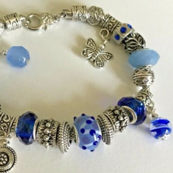 European Style Silver Plated Charm Bracelet with Beads, Lobster Closure, 9" Long - Picture 8 of 12